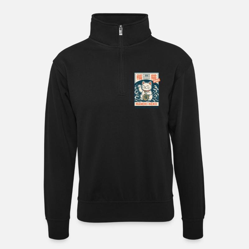 Maneki-Neko - Unisex sweater with zip collar - black