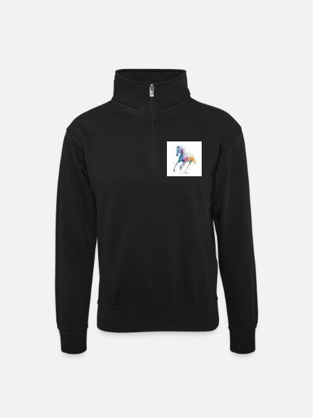 Regenbogen-Aquarellpferd in Bewegung - Unisex Pullover mit Zip-Kragen - Schwarz