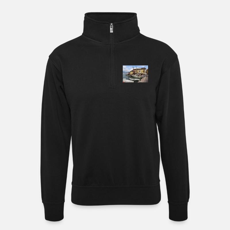 Der Hafen von Malcesine - Unisex Pullover mit Zip-Kragen - Schwarz