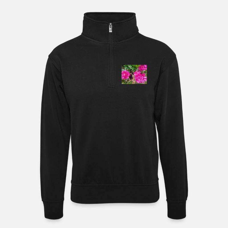 Pfingstrosen-Fuchsia-Garten - Unisex Pullover mit Zip-Kragen - Schwarz