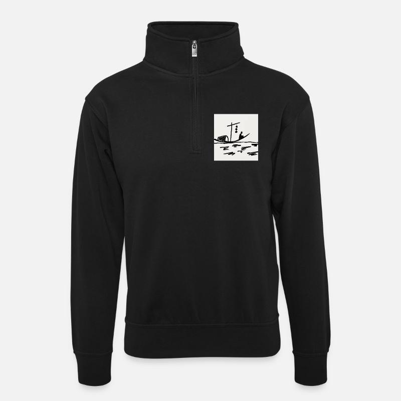 Nachtboot am Fluss - Unisex Pullover mit Zip-Kragen - Schwarz