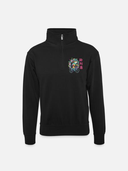Neon-Katzenradfahrer mit Blüten - Unisex Pullover mit Zip-Kragen - Schwarz