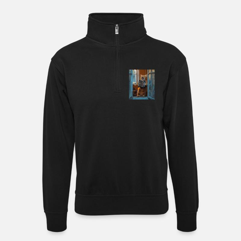 Fensterkatze mit Akkordeon - Unisex Pullover mit Zip-Kragen - Schwarz