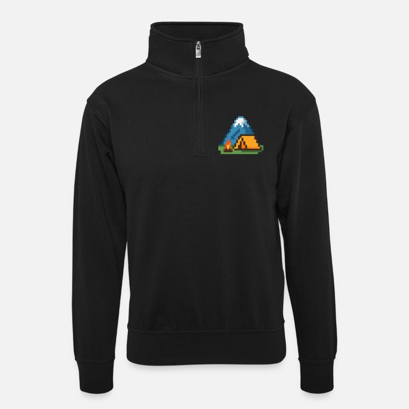 Pixel Campfire at the Mountain Tent - Unisex sweater with zip collar - black