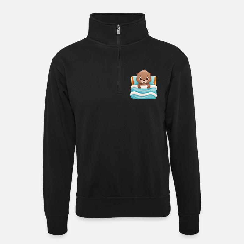 Süßer Otter kuschelt im Bett - Unisex Pullover mit Zip-Kragen - Schwarz