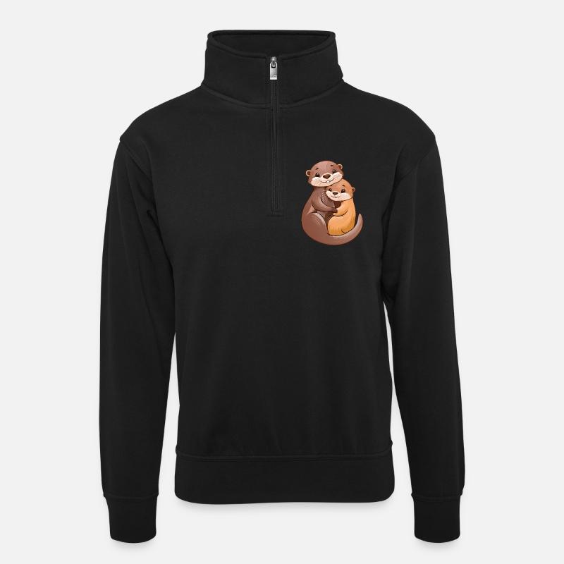 Two cute otters cuddle - Unisex sweater with zip collar - black