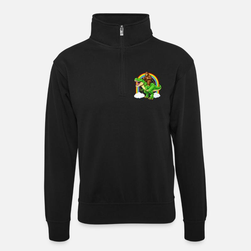 Bigfoot Riding T-Rex Dinosaur Rainbow - Unisex sweater with zip collar - black