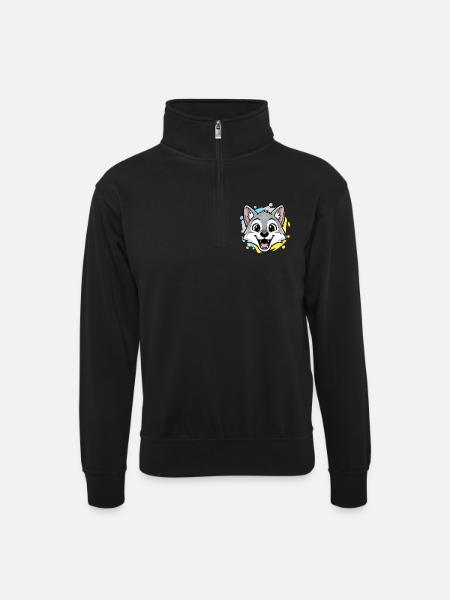Wolf Head Cartoon Art - Unisex sweater with zip collar - black
