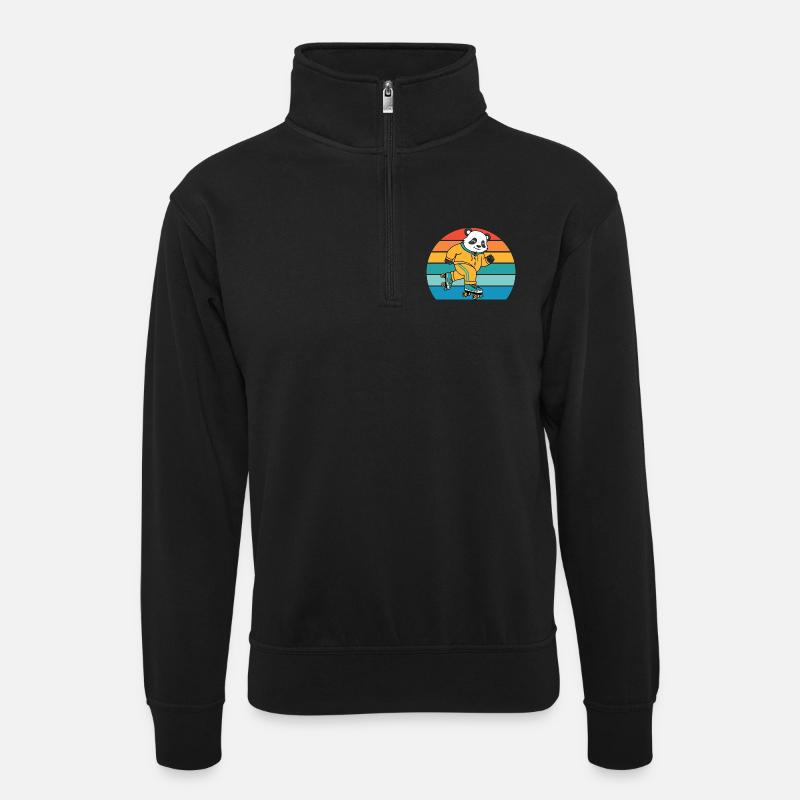 Retro-Panda auf Rollschuhen - Unisex Pullover mit Zip-Kragen - Schwarz