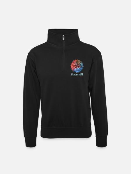 Wander More Compass Batik - Unisex Pullover mit Zip-Kragen - Schwarz