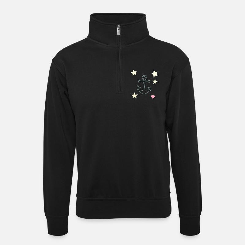 Anker-Handzeichnung mit Sternen Herz - Unisex Pullover mit Zip-Kragen - Schwarz