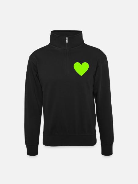 Neon Lime Heart Green Retro - Unisex sweater with zip collar - black