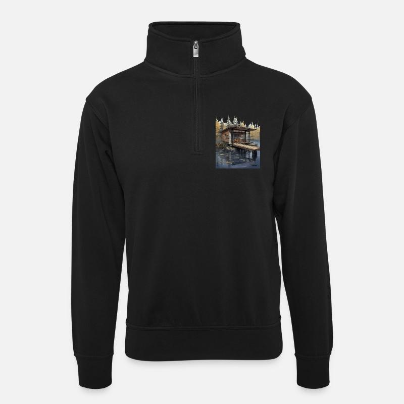 Lakeside-Hütte bei der Dämmerung - Unisex Pullover mit Zip-Kragen - Schwarz