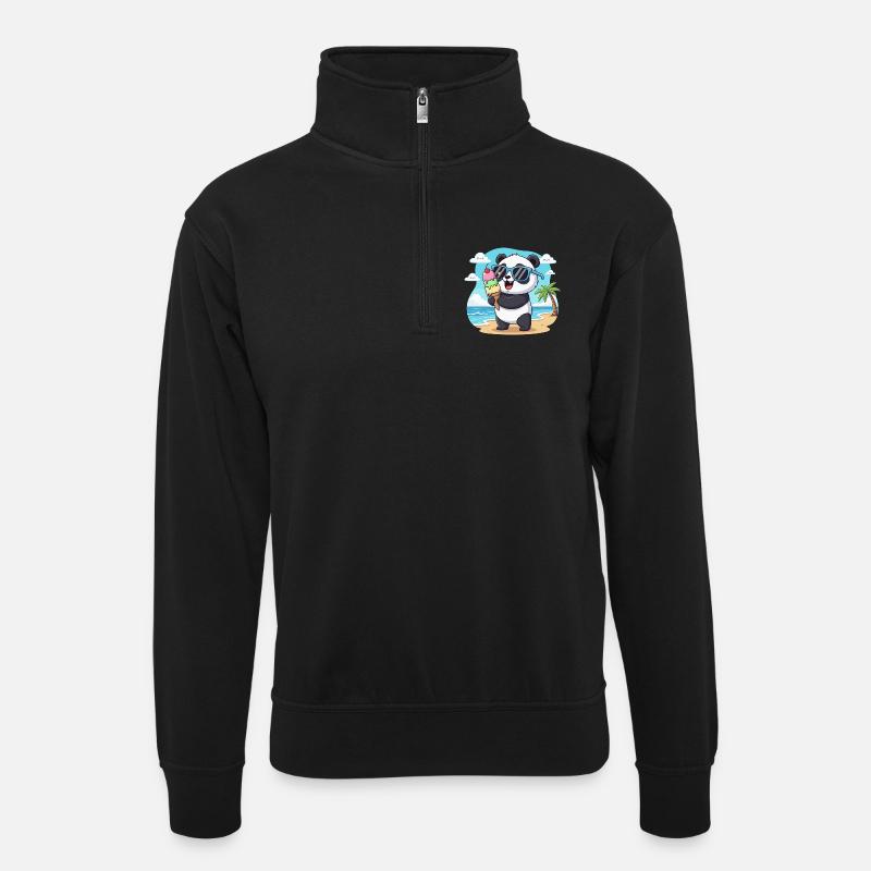Panda am Strand mit Eiscreme - Unisex sweater with zip collar - black