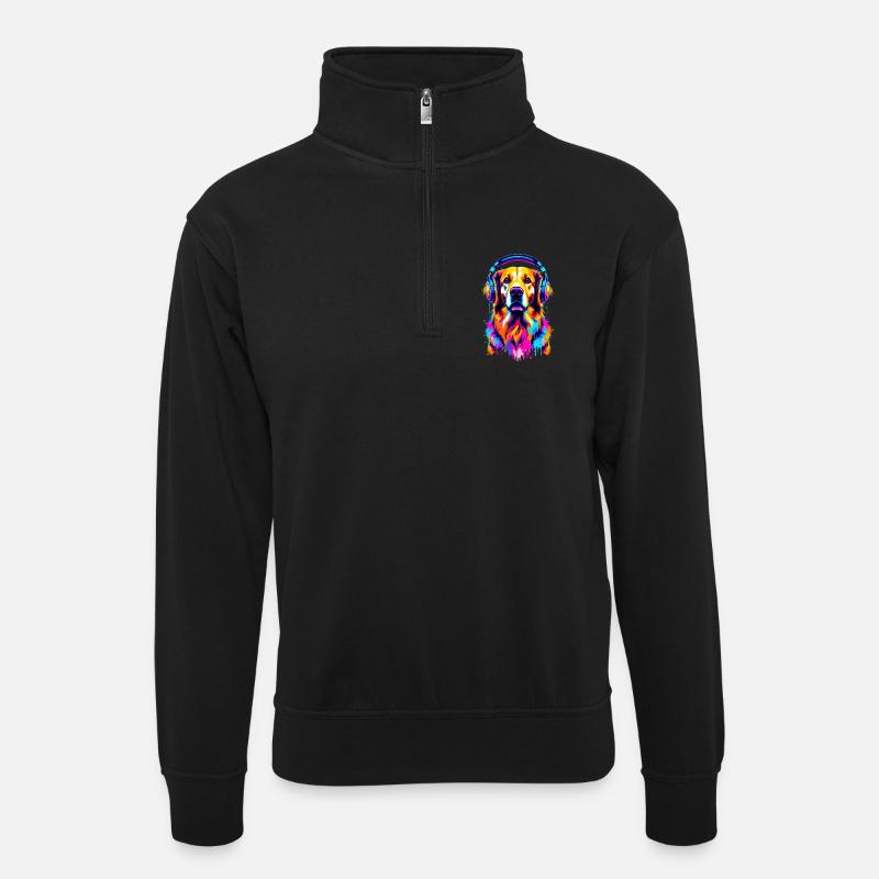 Golden Retriever mit Kopfhörer - Unisex Pullover mit Zip-Kragen - Schwarz
