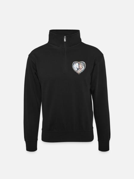 Florale Wolfsfrau im Herzen - Unisex Pullover mit Zip-Kragen - Schwarz