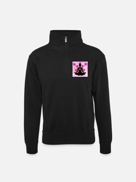 Meditative silhouette pink hibiscus - Unisex sweater with zip collar - black