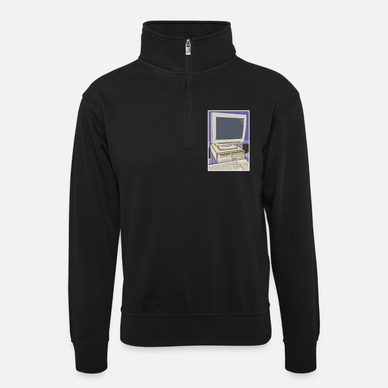 Retro-Computer-Desktop-Einrichtung - Unisex Pullover mit Zip-Kragen - Schwarz