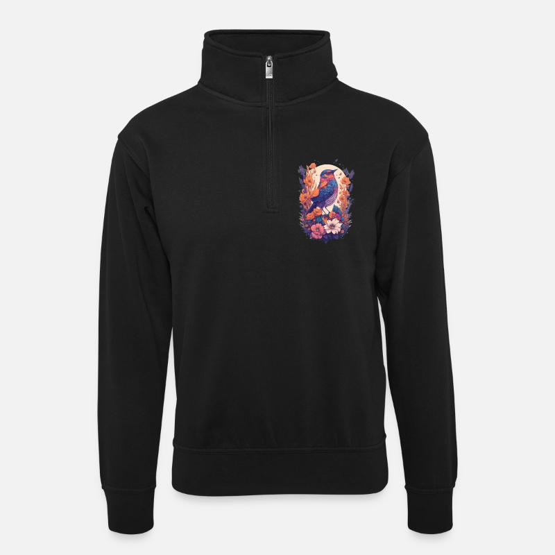 Vogel im Blumenbouquet - Unisex Pullover mit Zip-Kragen - Schwarz