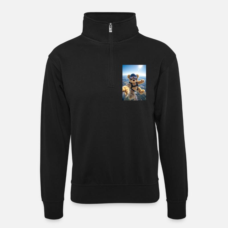 Bären-Fallschirmsprung-Abenteuer - Unisex Pullover mit Zip-Kragen - Schwarz