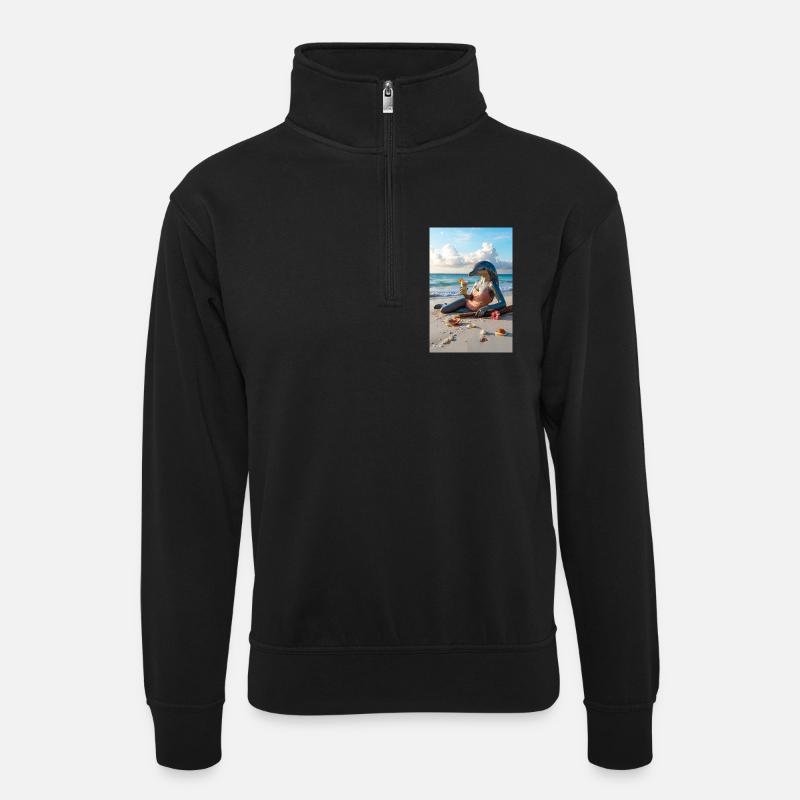 Humanoider Delfin am Strand - Unisex Pullover mit Zip-Kragen - Schwarz