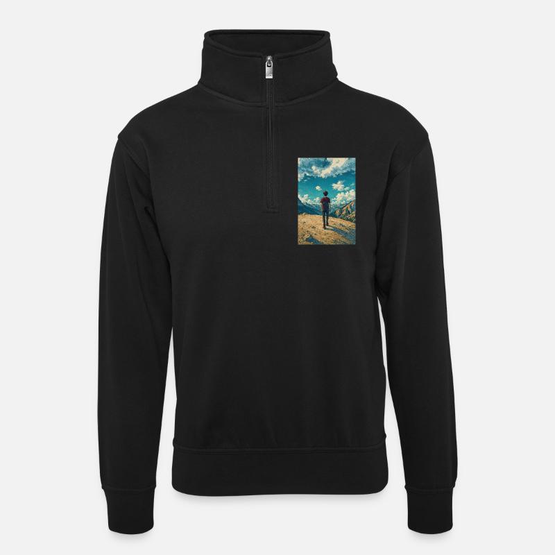 Bergentdecker auf Blue Sky Landscape - Unisex Pullover mit Zip-Kragen - Schwarz