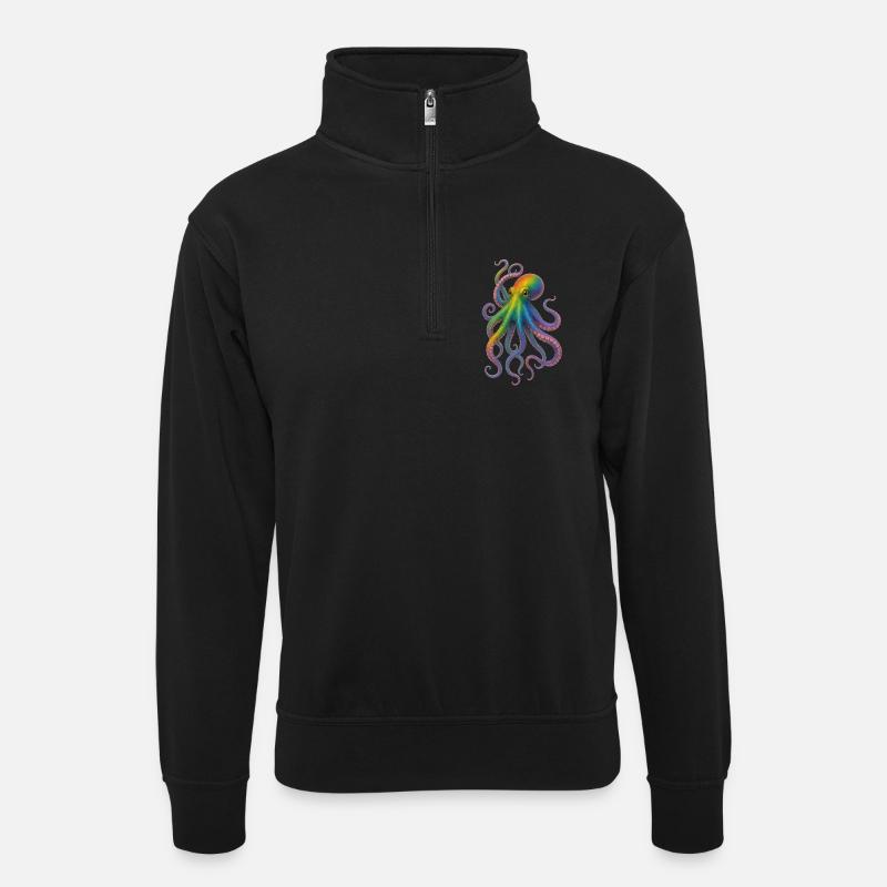Bunter Regenbogen Oktopus Design - Unisex Pullover mit Zip-Kragen - Schwarz