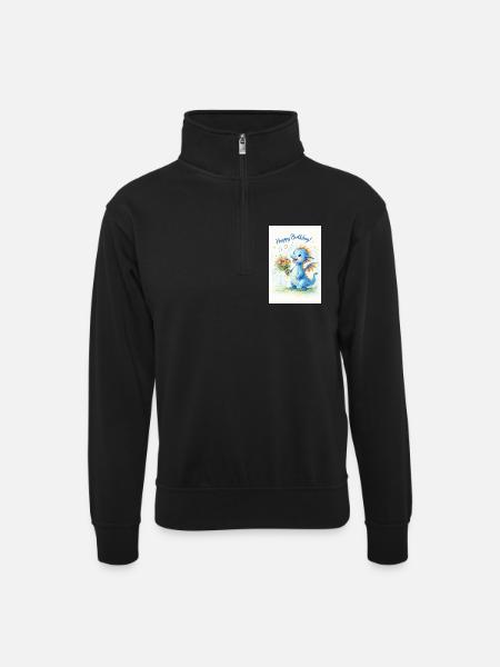 Blauer Drache mit Blumenstrauß - Unisex Pullover mit Zip-Kragen - Schwarz