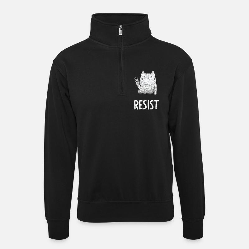 Waving White Cat Illustration - Unisex sweater with zip collar - black