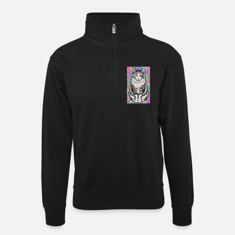 Katze - Unisex Pullover mit Zip-Kragen - Schwarz