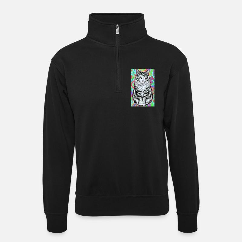 cat - Unisex sweater with zip collar - black