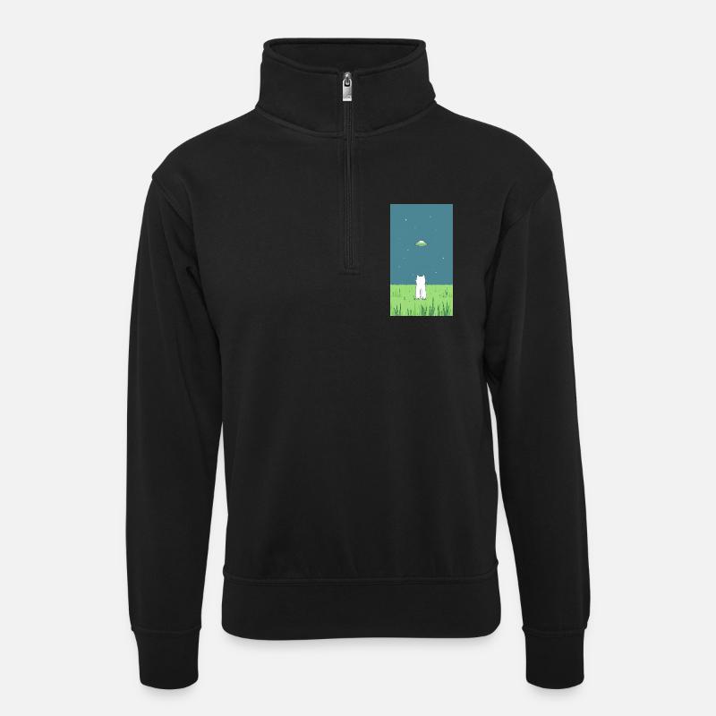 Katze und Ufo - Unisex Pullover mit Zip-Kragen - Schwarz