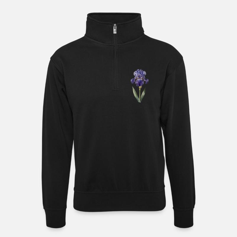 Purple iris on delicate stem - Unisex sweater with zip collar - black