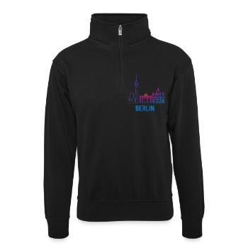 Berliner Neon-Skyline Druck - Unisex Pullover mit Zip-Kragen - Schwarz - Vorne