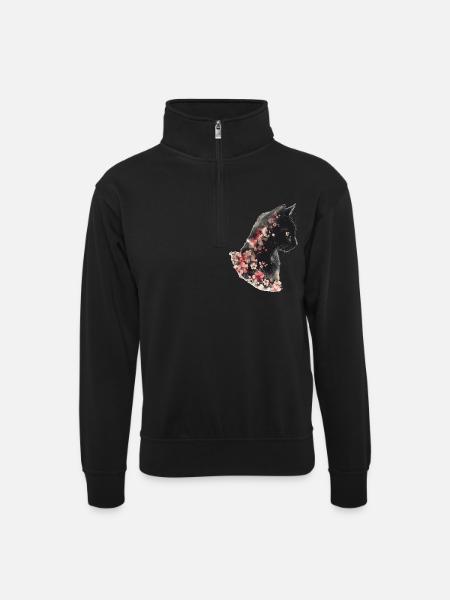 Katze Blumen - Unisex Pullover mit Zip-Kragen - Schwarz