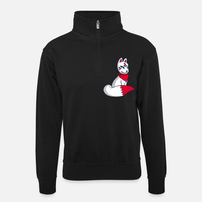 White and Red Fox Manga - Unisex Pullover mit Zip-Kragen - Schwarz