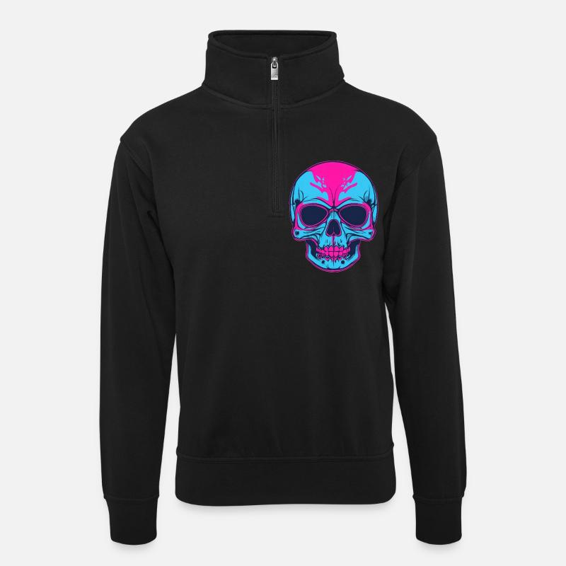 Neon Schädel Pink Blau - Unisex Pullover mit Zip-Kragen - Schwarz