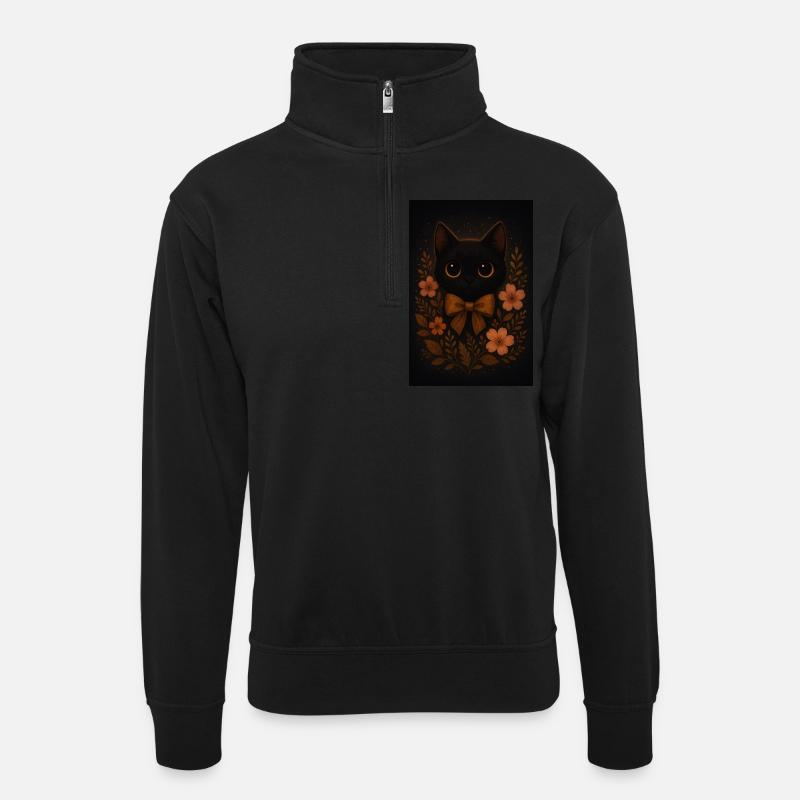 Black cat wit flowers - Unisex sweater with zip collar - black