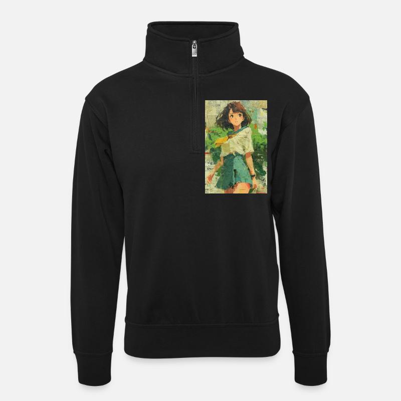 Texturierte Anime Mädchen Collage Kunst - Unisex Pullover mit Zip-Kragen - Schwarz