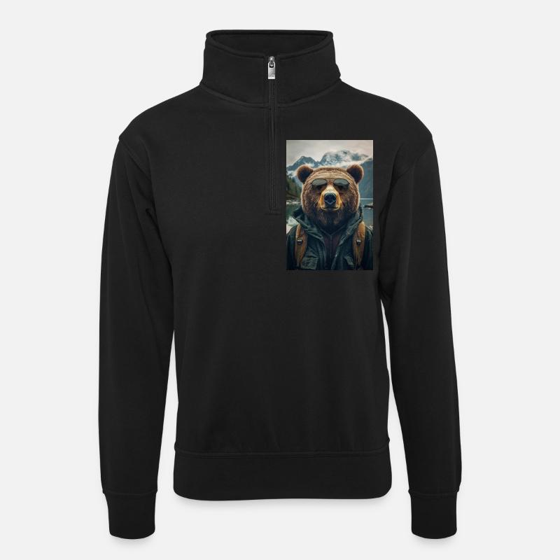 Cooler Wanderbär Entdecker - Unisex Pullover mit Zip-Kragen - Schwarz