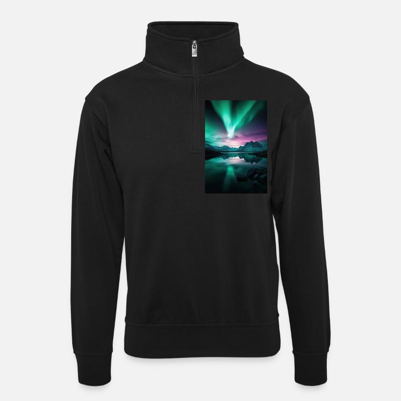 Polarlichter über arktischen Gipfeln - Unisex Pullover mit Zip-Kragen - Schwarz