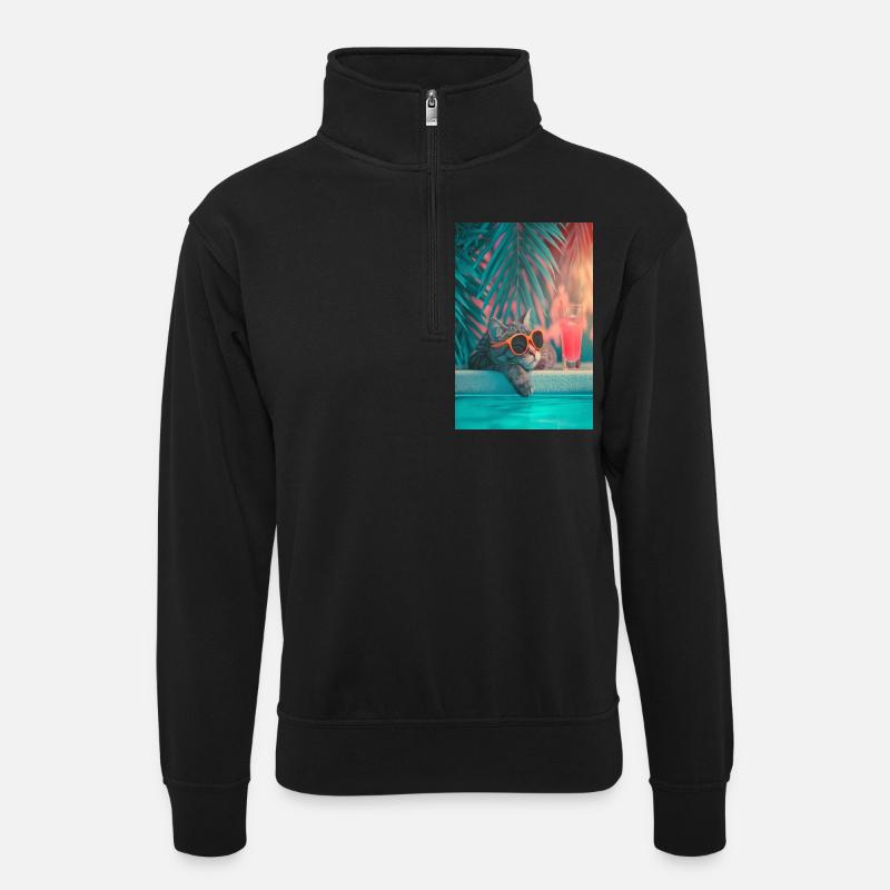 Coole Katze am Pool - Unisex Pullover mit Zip-Kragen - Schwarz