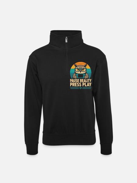 Pause Reality Press Play Gamer Eule - Unisex Pullover mit Zip-Kragen - Schwarz
