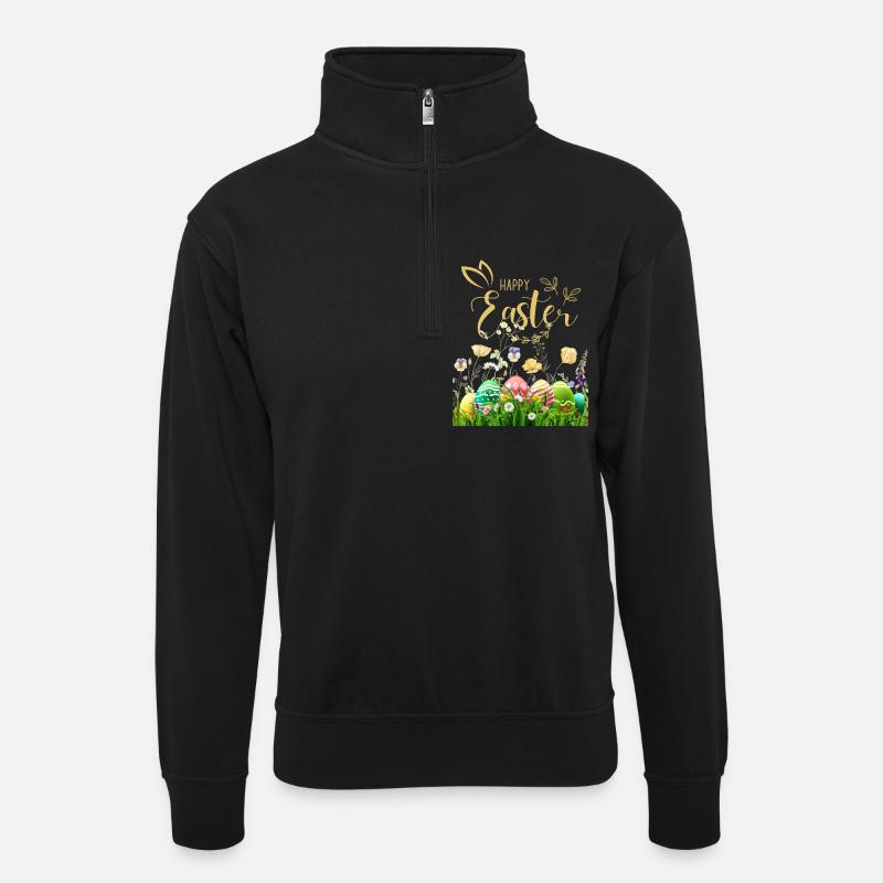Pâques dorées - Fleurs et œufs - Sweat col montant zippé unisexe - noir