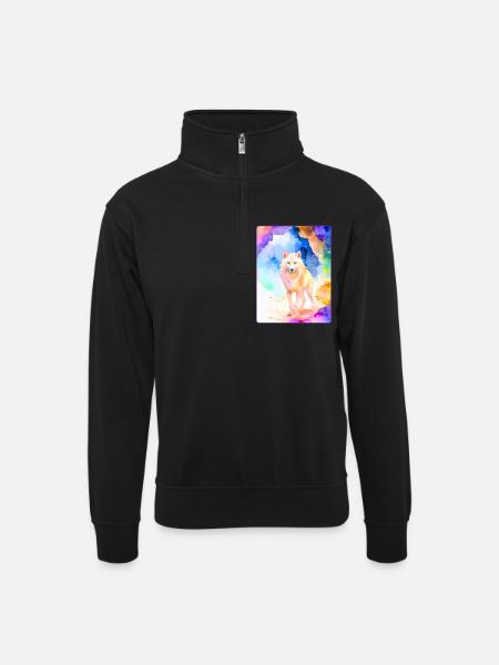 Weißer Wolf vor bunter Höhle - Unisex Pullover mit Zip-Kragen - Schwarz