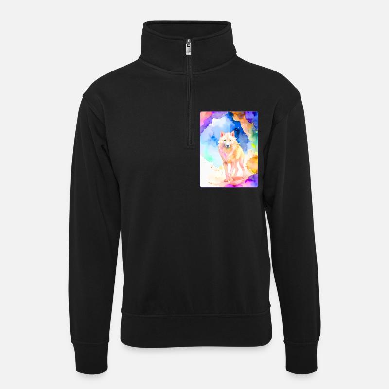Weißer Wolf vor bunter Höhle - Unisex Pullover mit Zip-Kragen - Schwarz