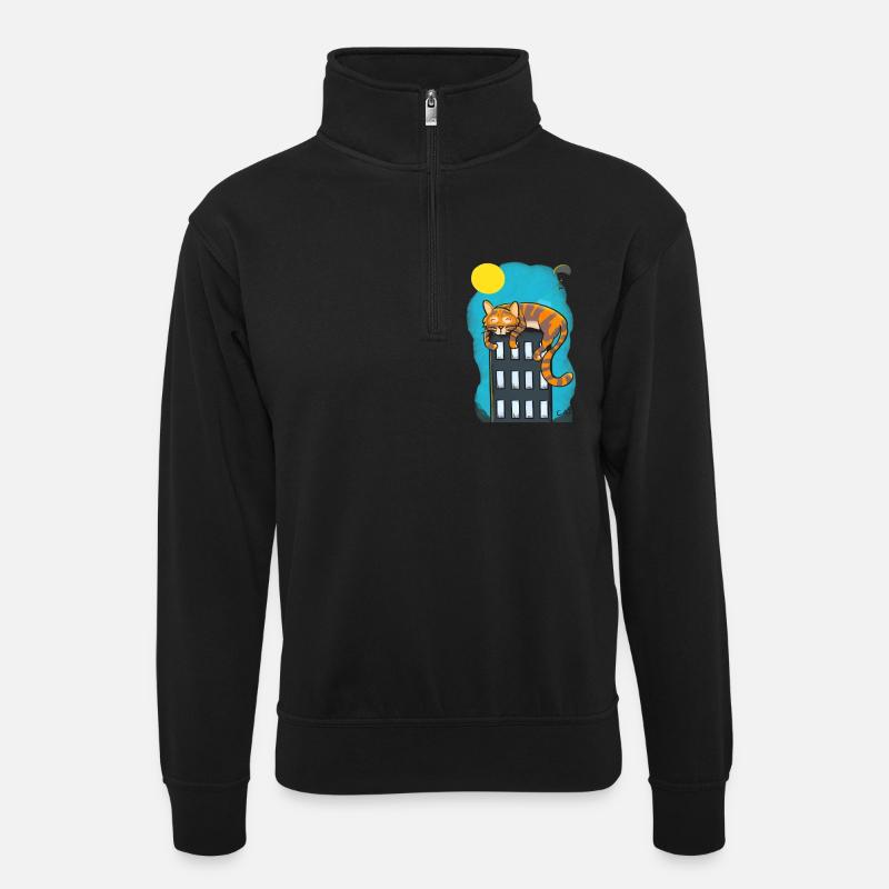 Katze über Wolkenkratzer - Unisex Pullover mit Zip-Kragen - Schwarz