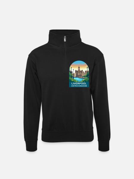 Liverpool Skyline UK Waterfront Illustration - Unisex sweater with zip collar - black