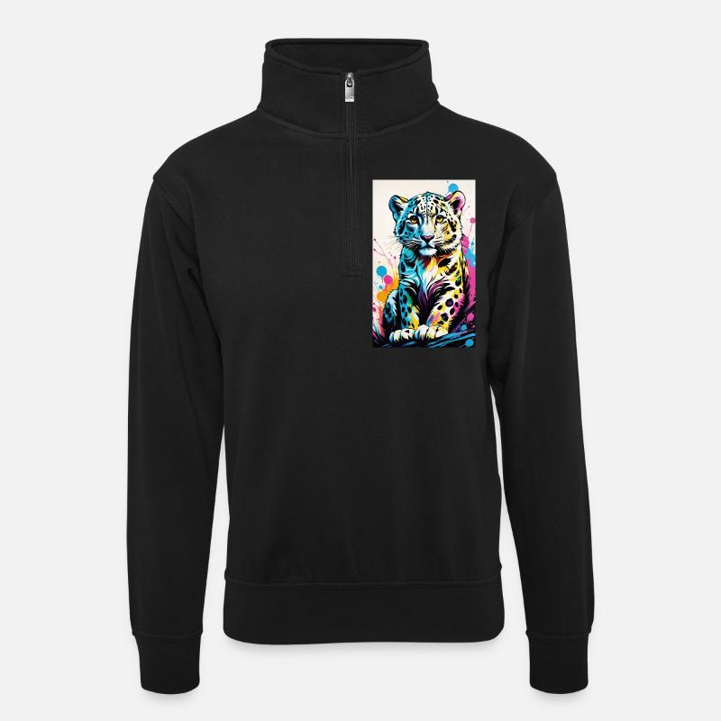 Schneeleopard | Leopard | Raubtier - Unisex Pullover mit Zip-Kragen - Schwarz
