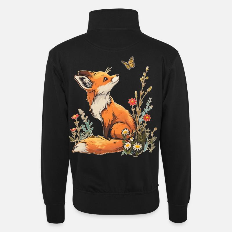 Fuchs und Schmetterling - Unisex Pullover mit Zip-Kragen - Schwarz